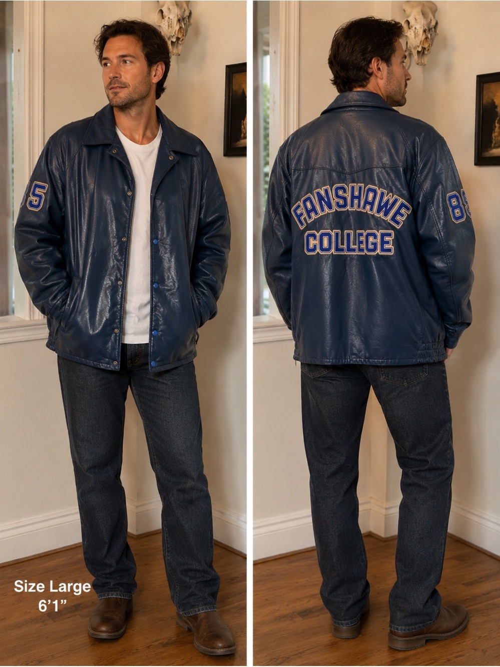 Vintage 70/80’s Fanshaw College Blue Leather Varsity Jacket – Collegiate RARE